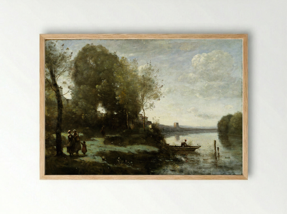 River with a Distant Tower - Camille Corot - Framed Print Wood
