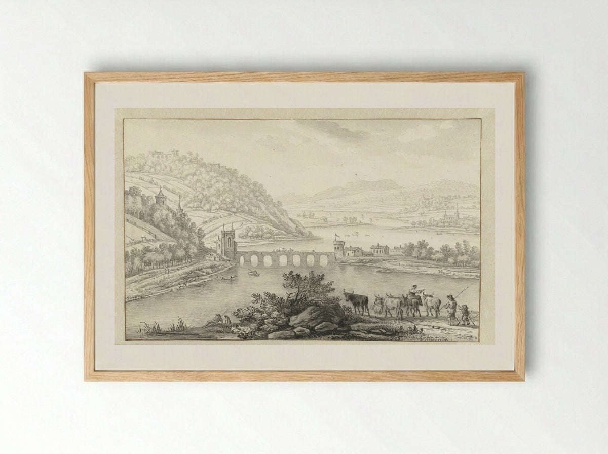 Rivier met een brug in een berglandschap - Jan van der Meer (II) - Framed Print Wood