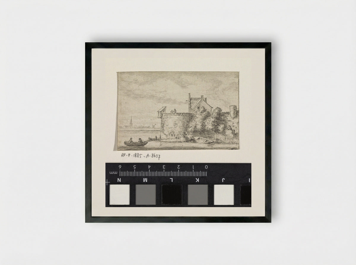 Riviergezicht met een stadswal - Hendrik Spilman - Framed Print Black