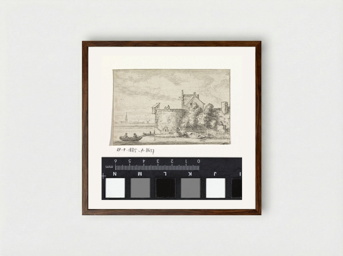 Riviergezicht met een stadswal - Hendrik Spilman - Framed Print Dark Wood
