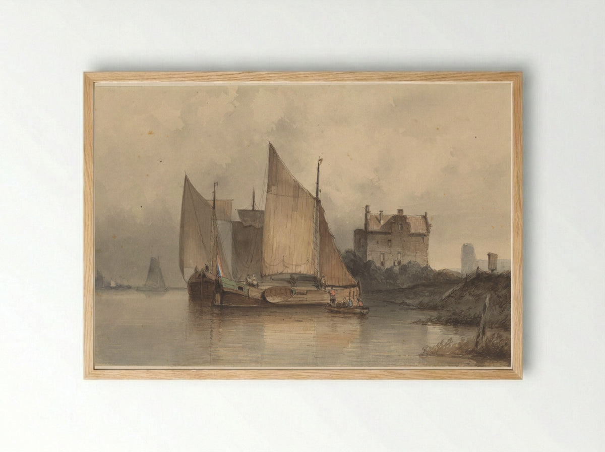 Riviergezicht met een zeilschip - Antonie Waldorp - Framed Print Wood