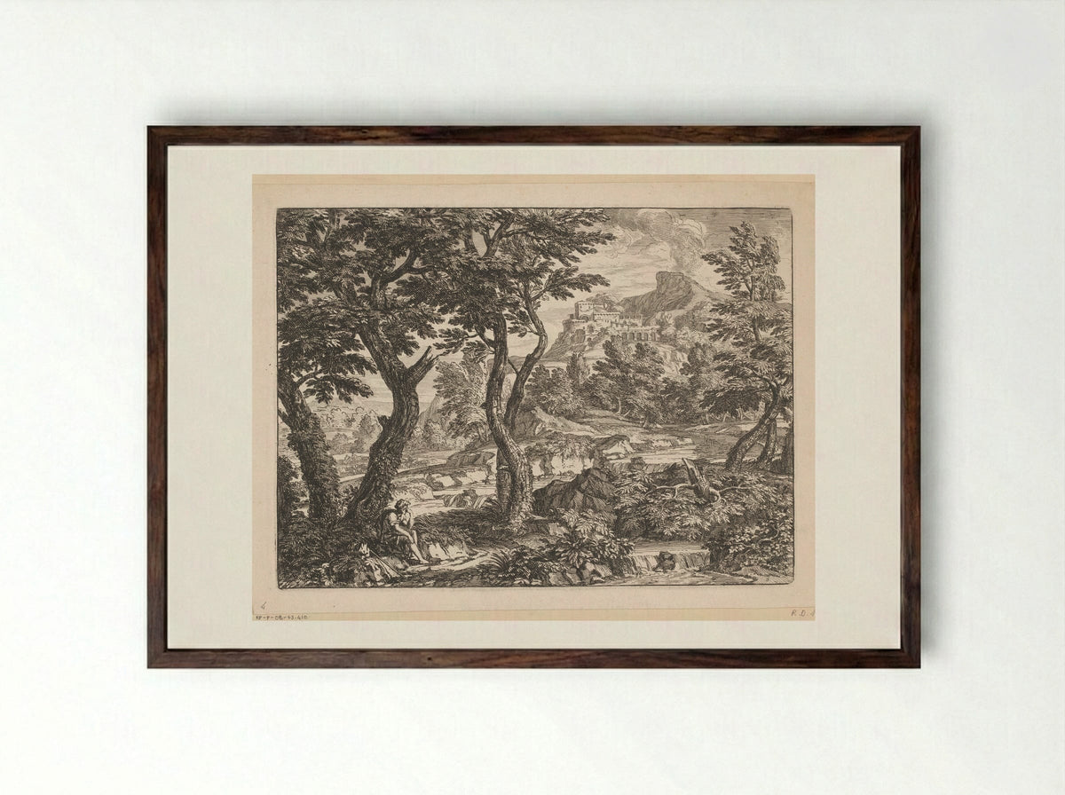 Rivierlandschap met een reiziger langs een pad gezeten - Georges Focus - Framed Print Dark Wood