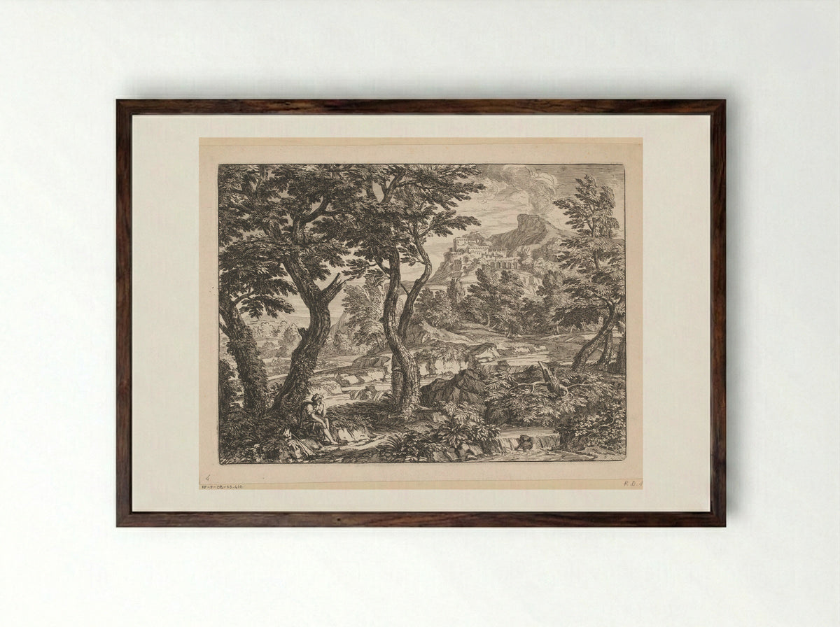 Rivierlandschap met een reiziger langs een pad gezeten - Georges Focus - Framed Print Dark Wood