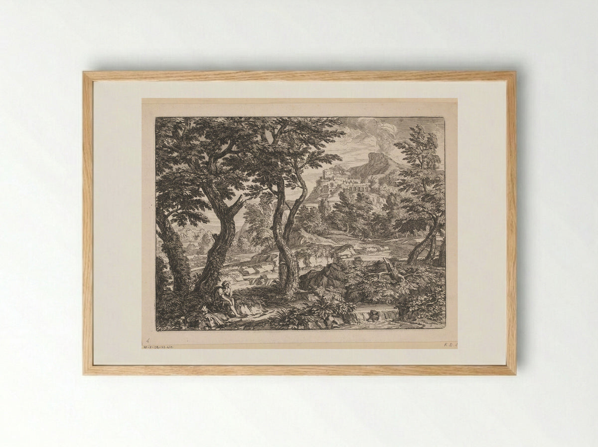 Rivierlandschap met een reiziger langs een pad gezeten - Georges Focus - Framed Print Wood