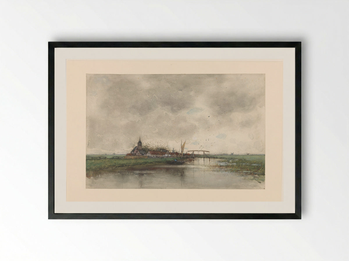 Rivierlandschap met gezicht op een dorp - Fredericus Jacobus van Rossum du Chattel - Framed Print Black
