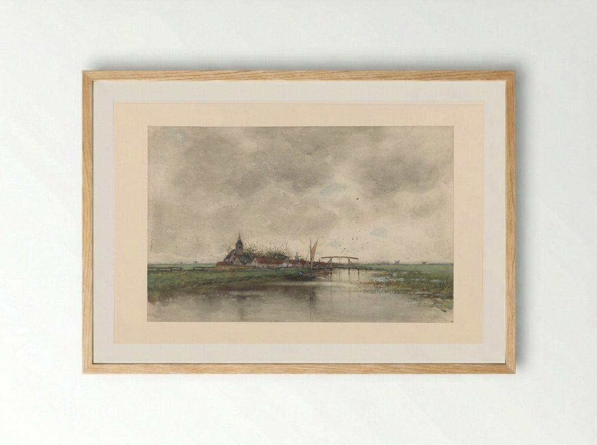 Rivierlandschap met gezicht op een dorp - Fredericus Jacobus van Rossum du Chattel - Framed Print Wood
