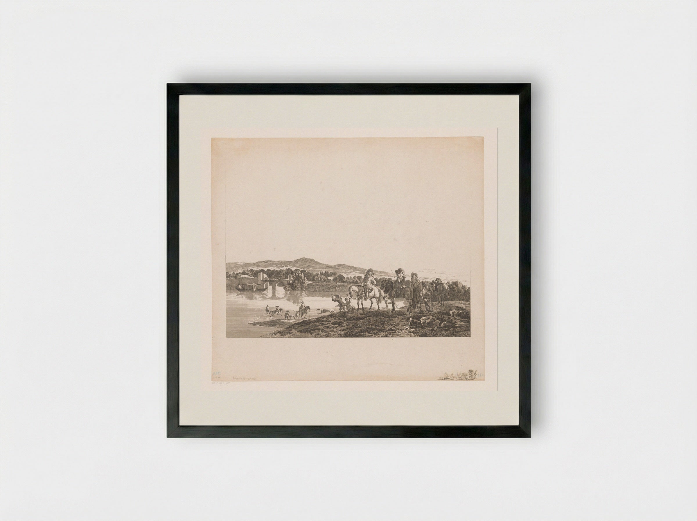Rivierlandschap met jagers - Carl Wilhelm Weisbrod - Framed Print Black