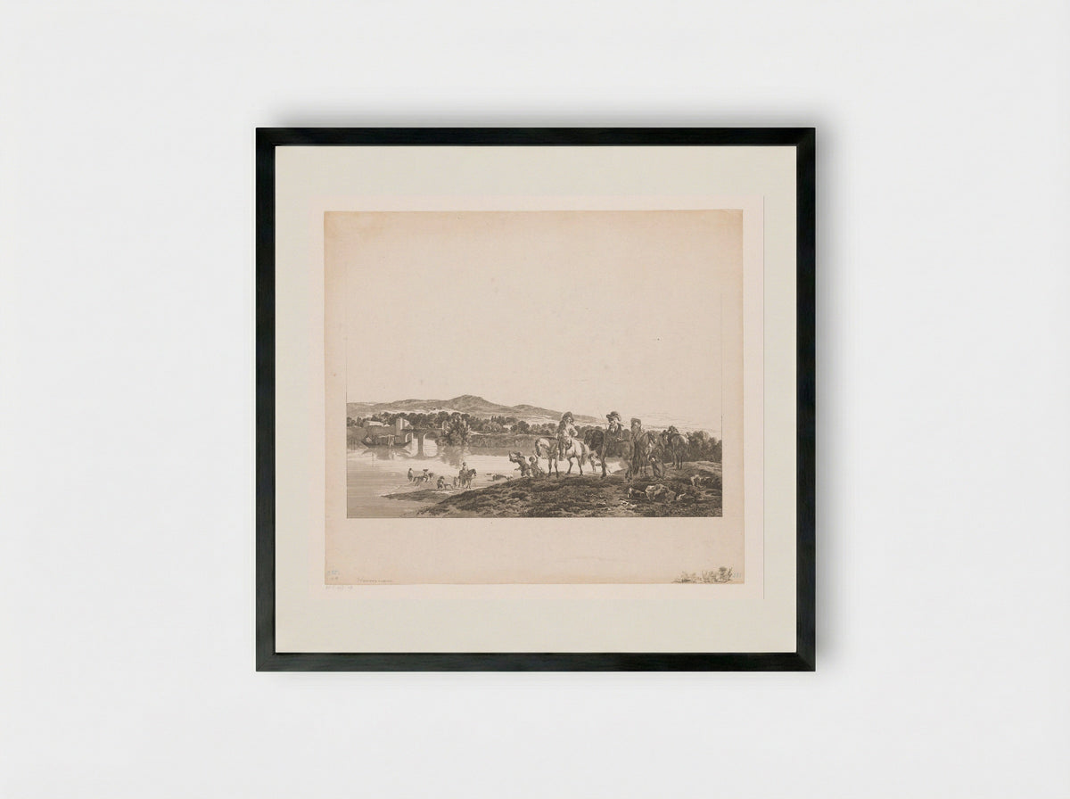 Rivierlandschap met jagers - Carl Wilhelm Weisbrod - Framed Print Black