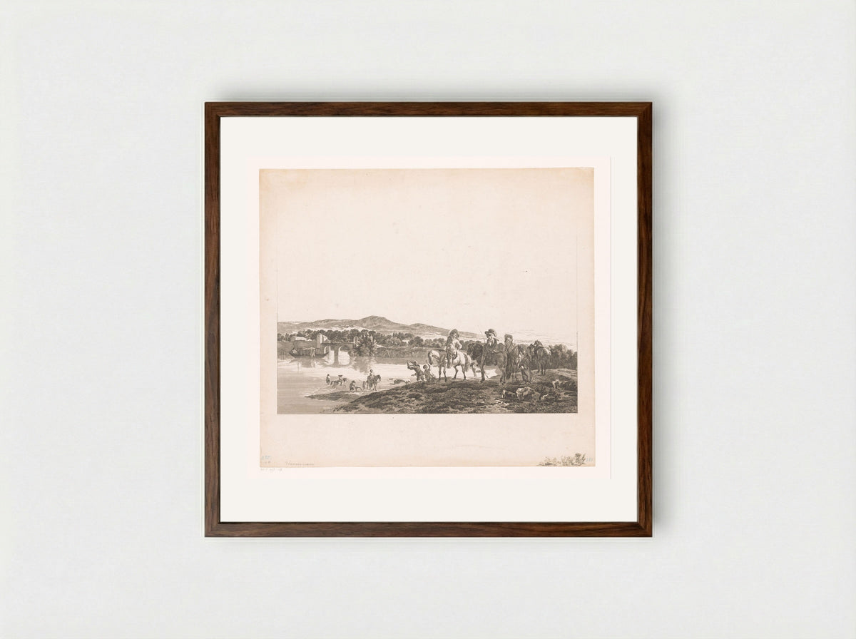 Rivierlandschap met jagers - Carl Wilhelm Weisbrod - Framed Print Dark Wood