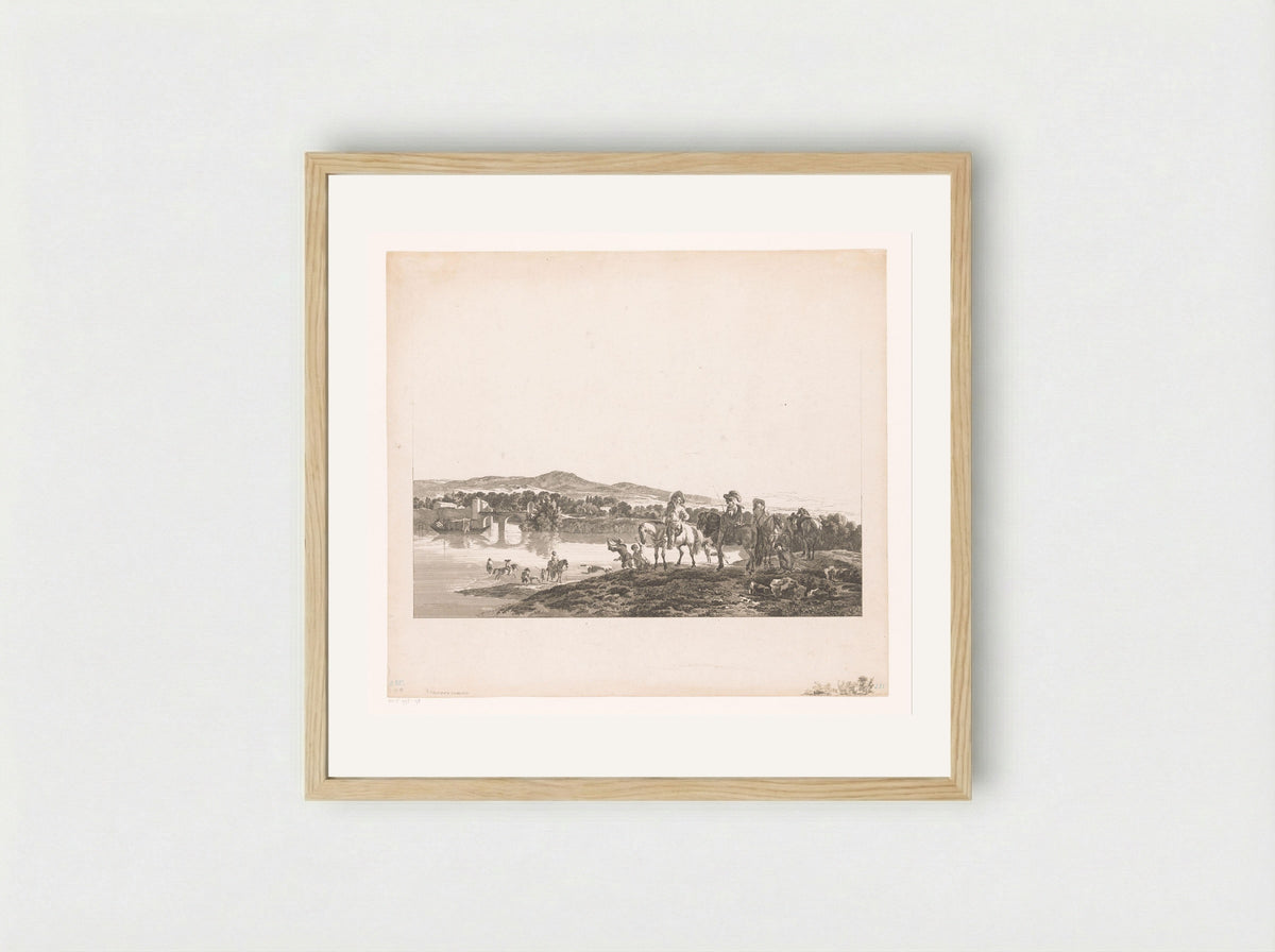 Rivierlandschap met jagers - Carl Wilhelm Weisbrod - Framed Print Wood