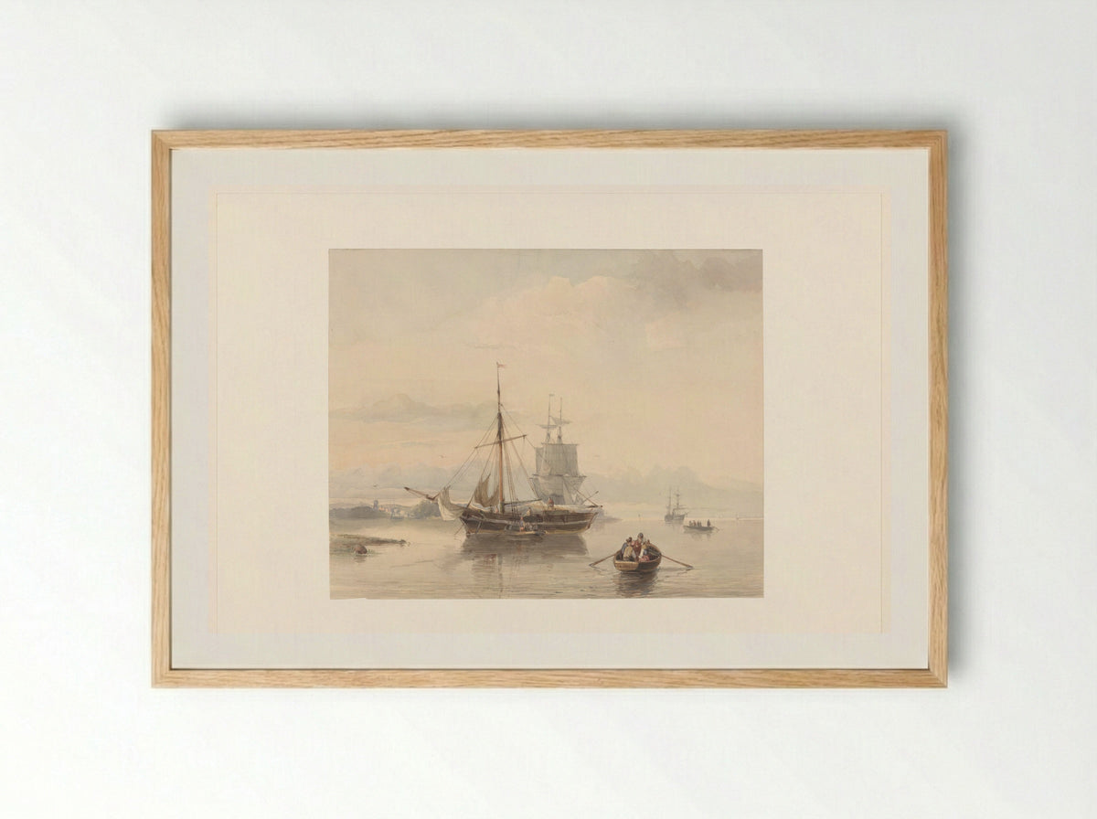 Rivierlandschap met sloepen en zeilschepen - Johan Adolph Rust - Framed Print Wood