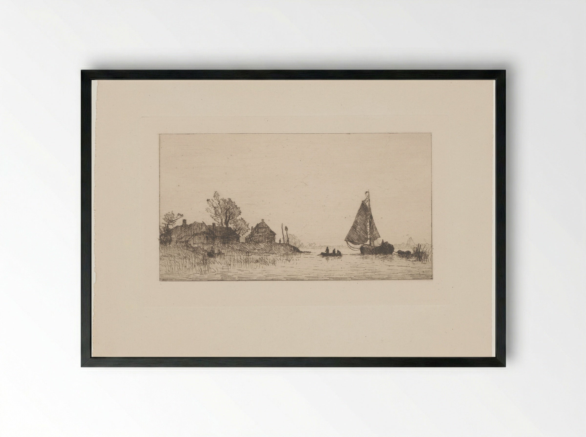 Rivierlandschap met zeilboot en twee roeiboten - Alphonse Stengelin - Framed Print Black