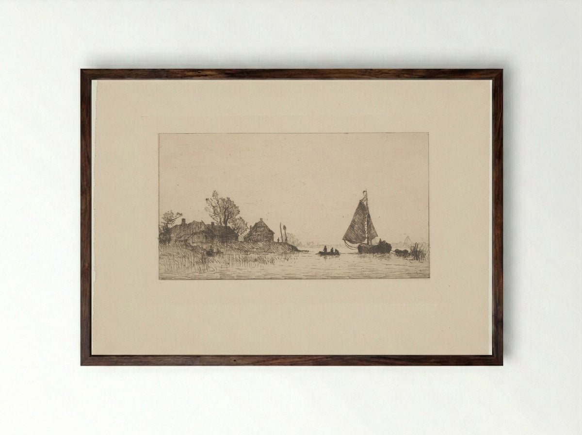 Rivierlandschap met zeilboot en twee roeiboten - Alphonse Stengelin - Framed Print Dark Wood