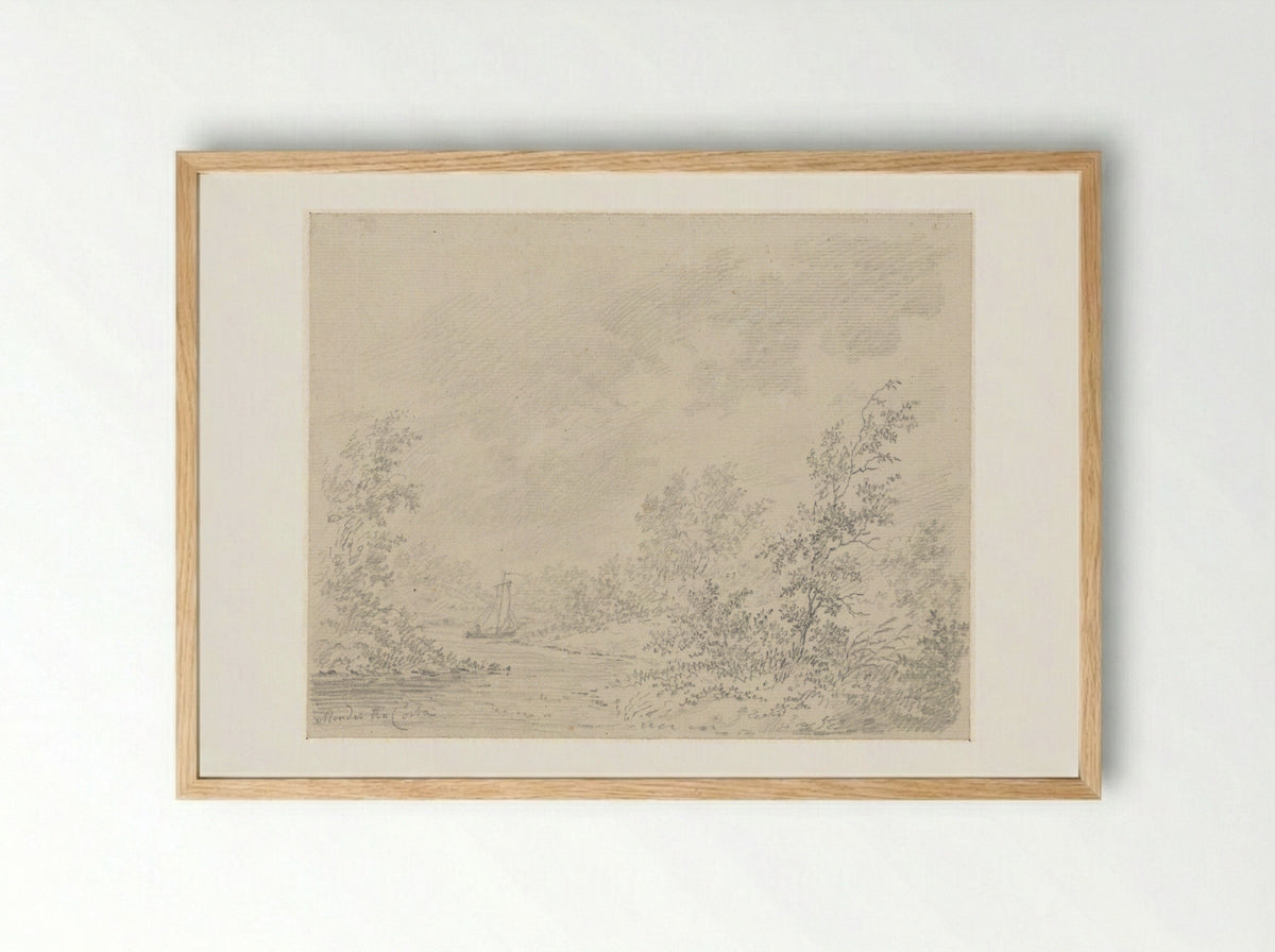 Rivierlandschap met zeilbootje - Samuel Henri Mendes da Costa - Framed Print Wood