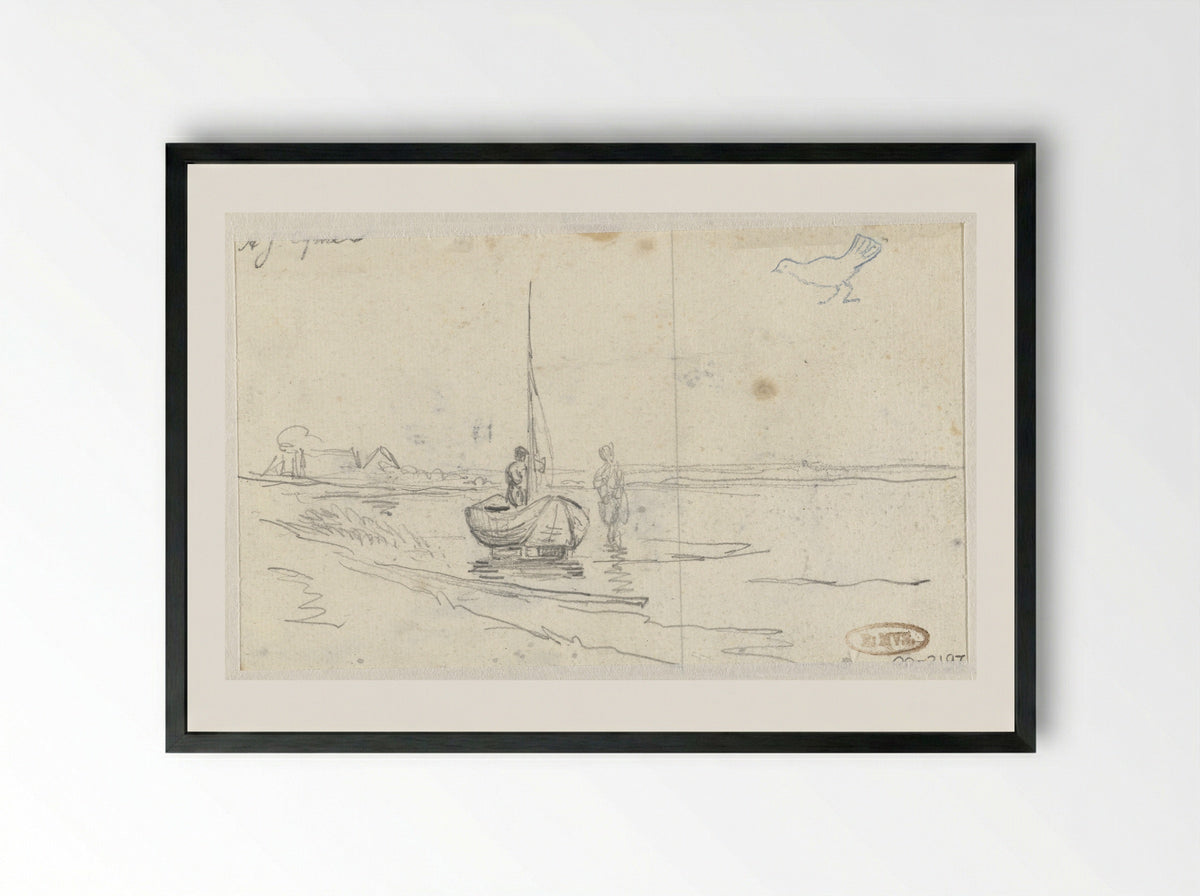 Rivieroever met twee figuren bij een boot - Arnoldus Johannes Eymer - Framed Print Black