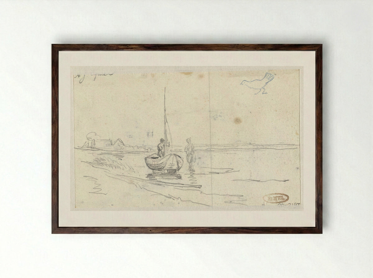 Rivieroever met twee figuren bij een boot - Arnoldus Johannes Eymer - Framed Print Dark Wood