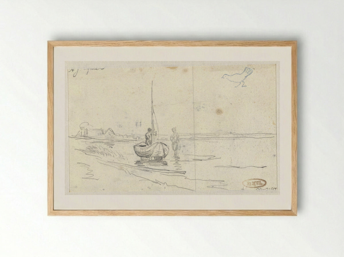 Rivieroever met twee figuren bij een boot - Arnoldus Johannes Eymer - Framed Print Wood