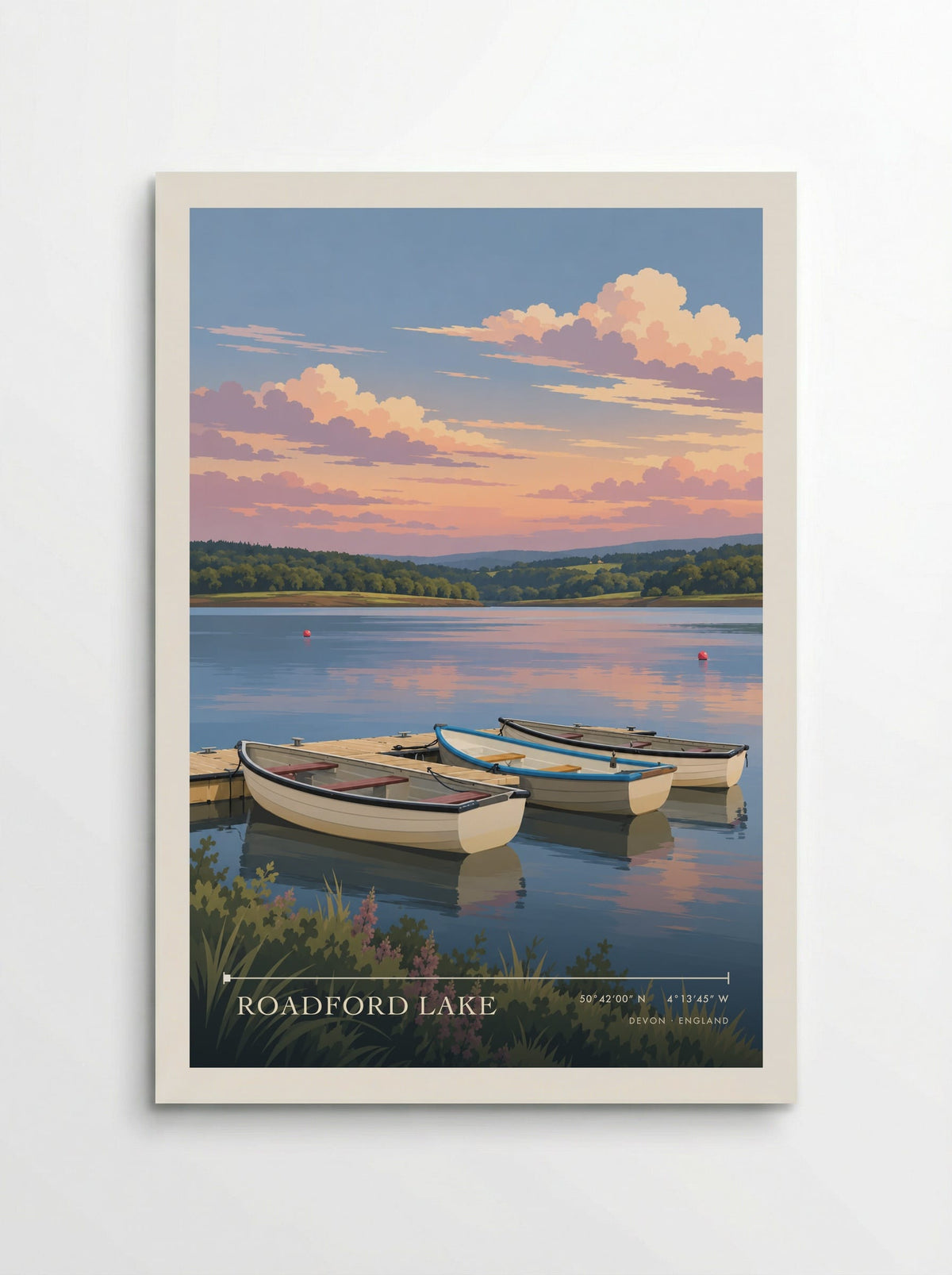 Roadford Lake, Devon travel poster: evening boats, red buoys and wooded hills