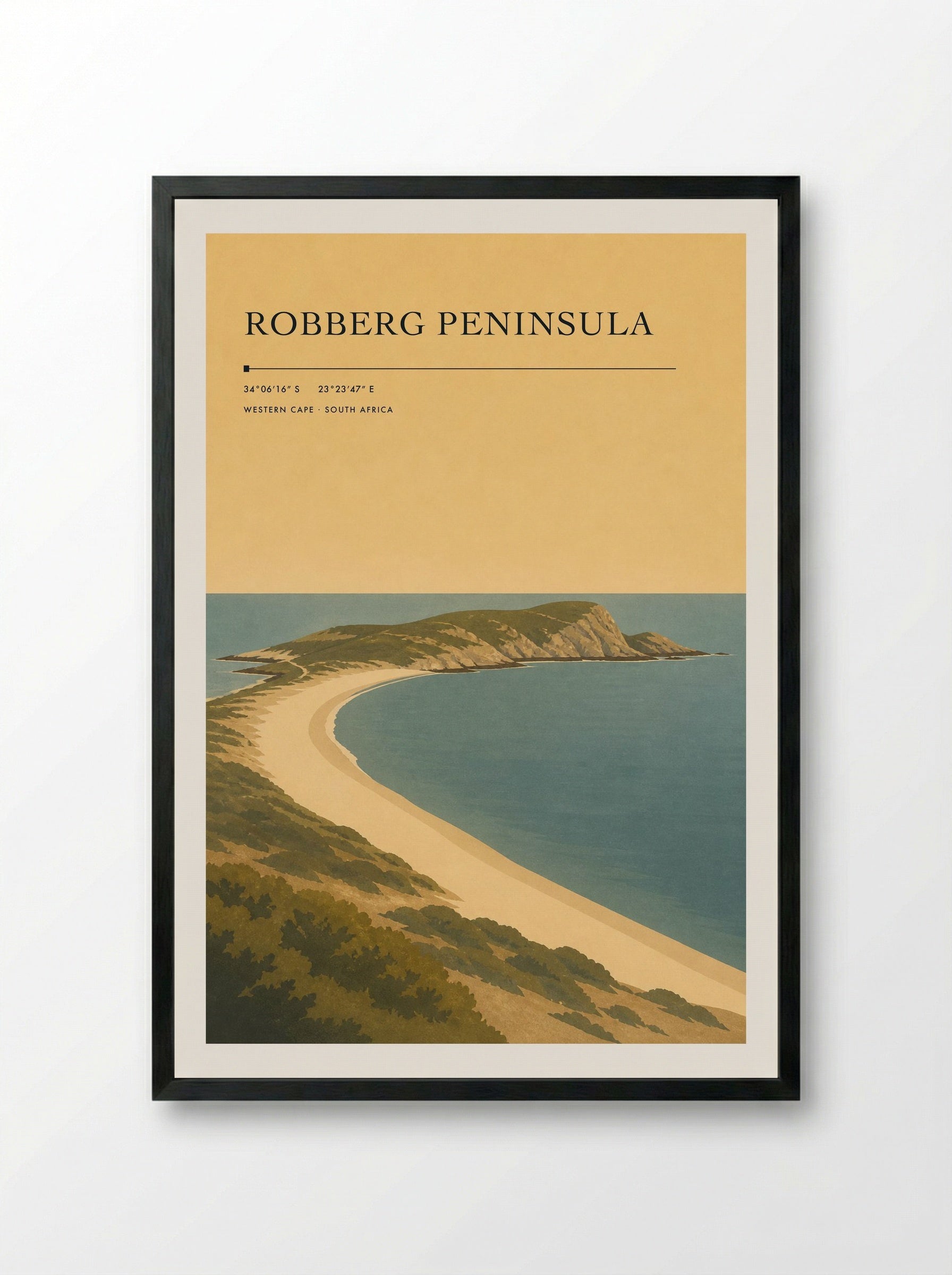 Robberg Peninsula Travel Poster Artwork - Framed Print Black
