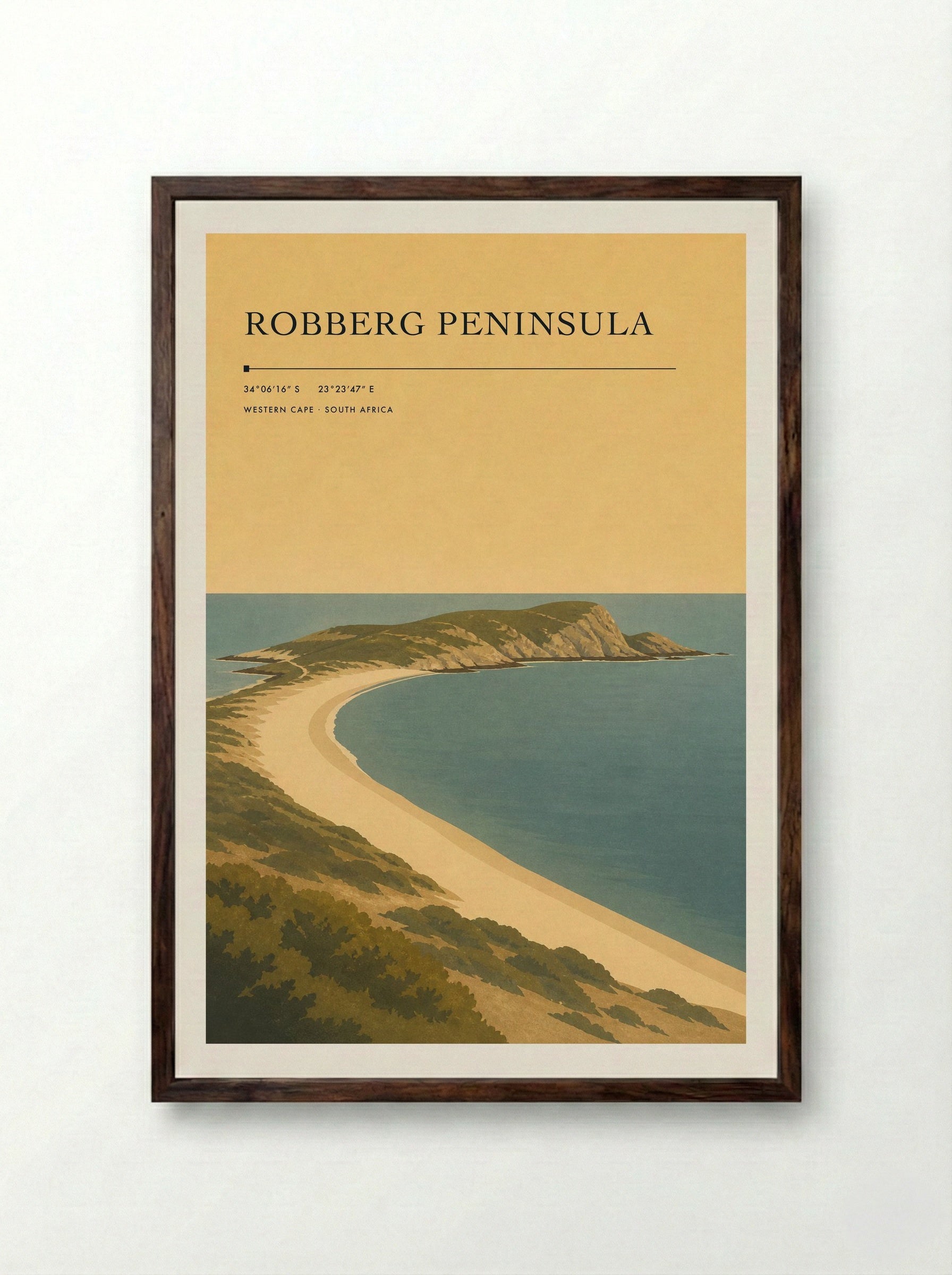Robberg Peninsula Travel Poster Artwork - Framed Print Dark Wood