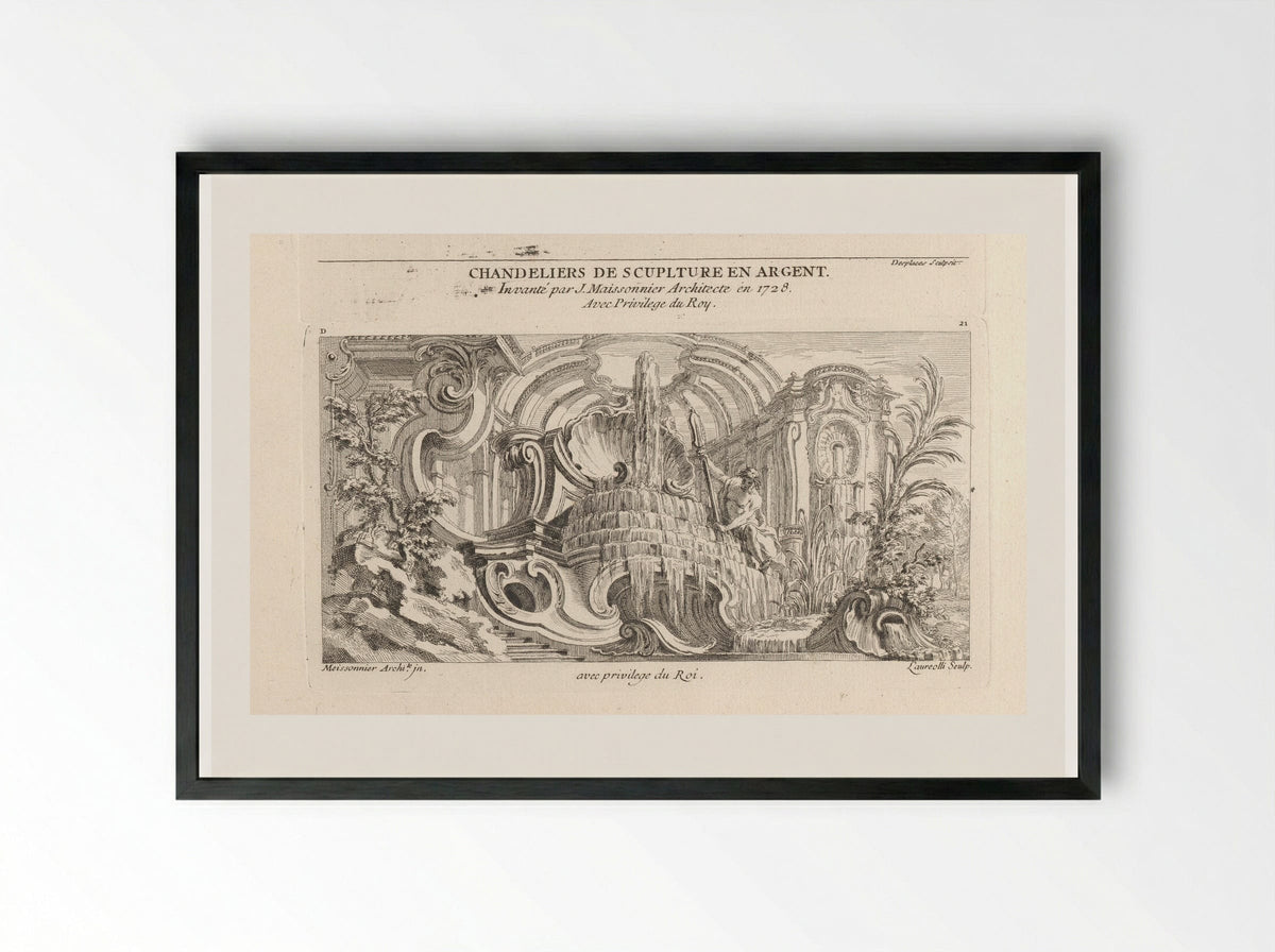 Rocaille Fountain with River God - Gabriel Huquier - Framed Print Black