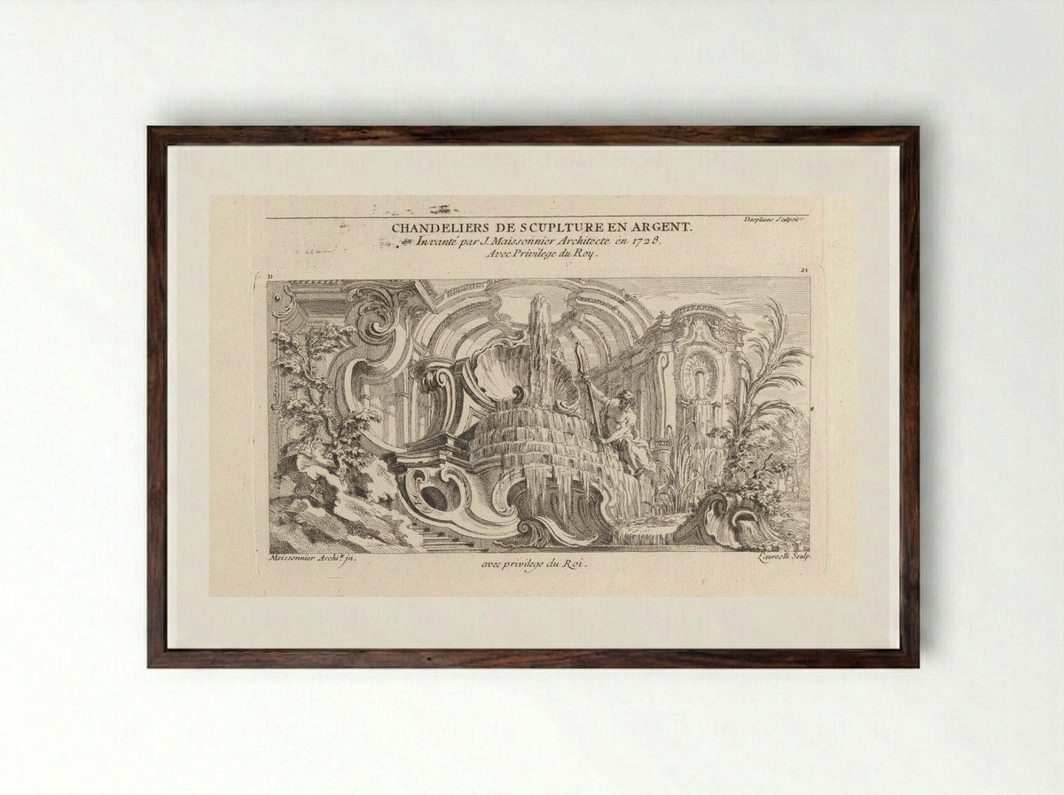 Rocaille Fountain with River God - Gabriel Huquier - Framed Print Dark Wood