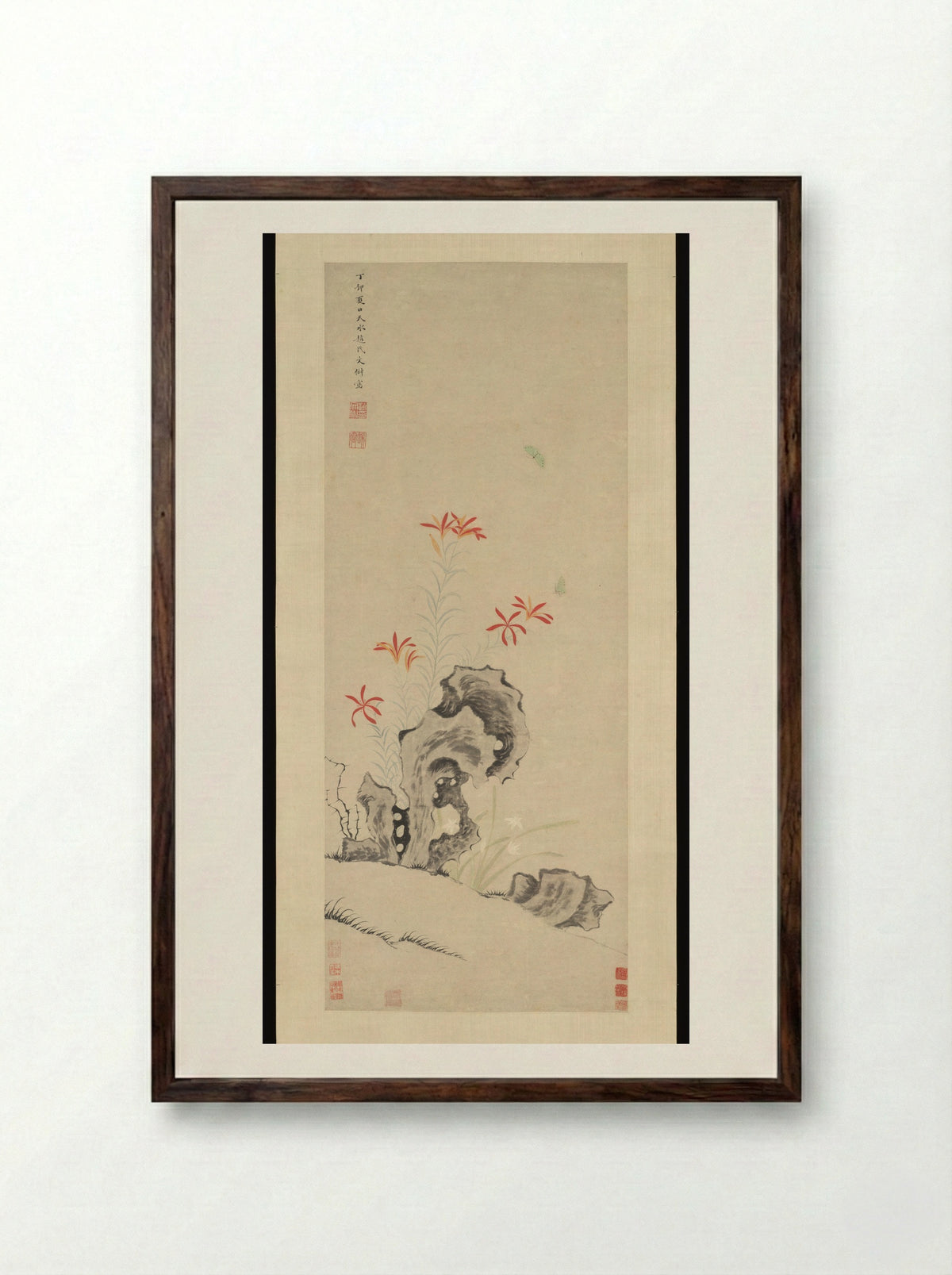 Rock, Tiger Lily and Orchid - Fine Art Print - Framed Print Dark Wood