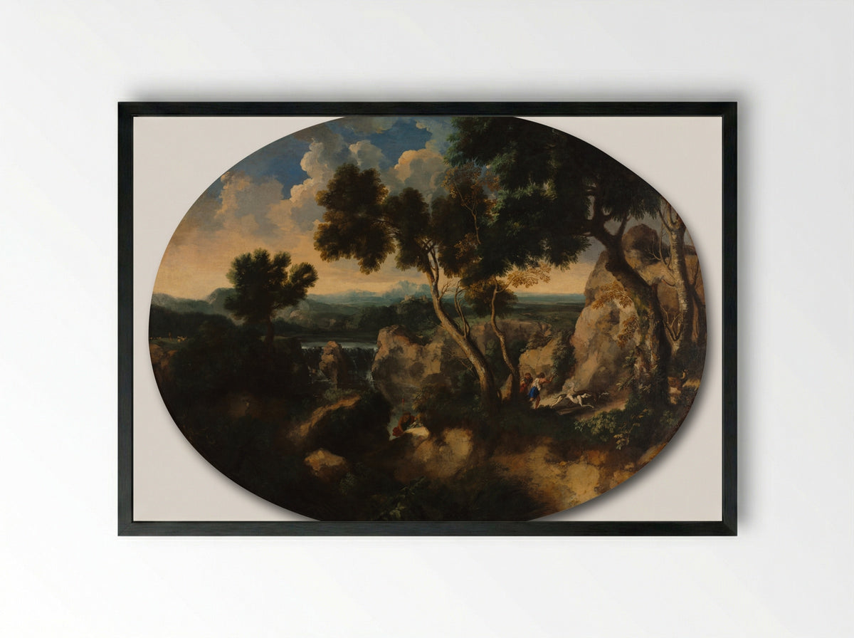 Rocky Landscape with Hunters - Gaspard Dughet - Framed Print Black