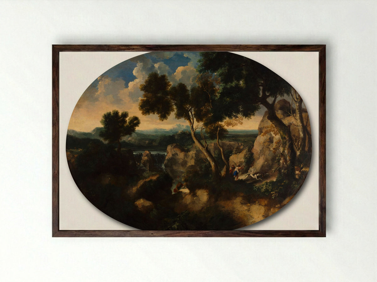 Rocky Landscape with Hunters - Gaspard Dughet - Framed Print Dark Wood