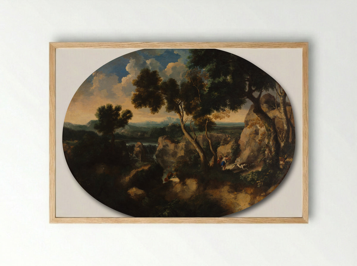 Rocky Landscape with Hunters - Gaspard Dughet - Framed Print Wood