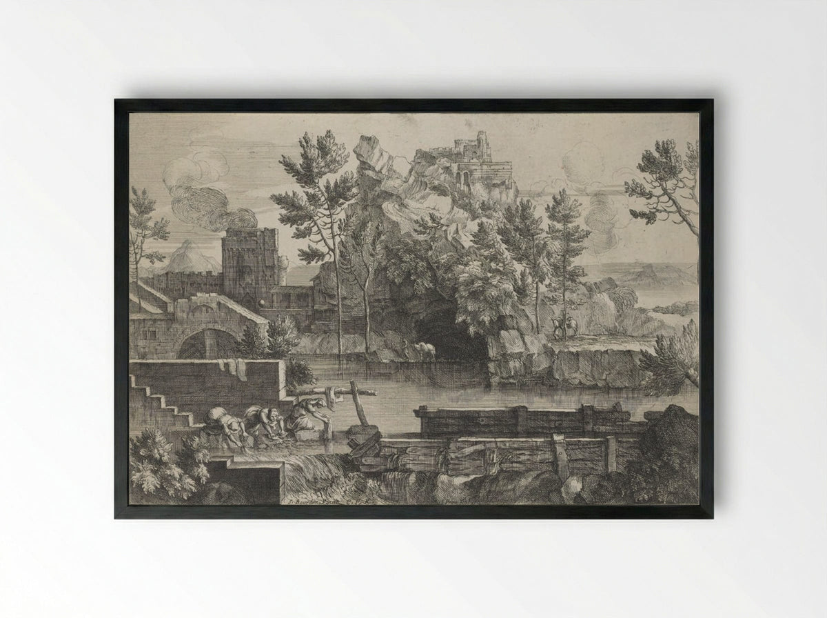 Rocky Landscape (with Women Washing Clothes) - Jacques Prou - Framed Print Black