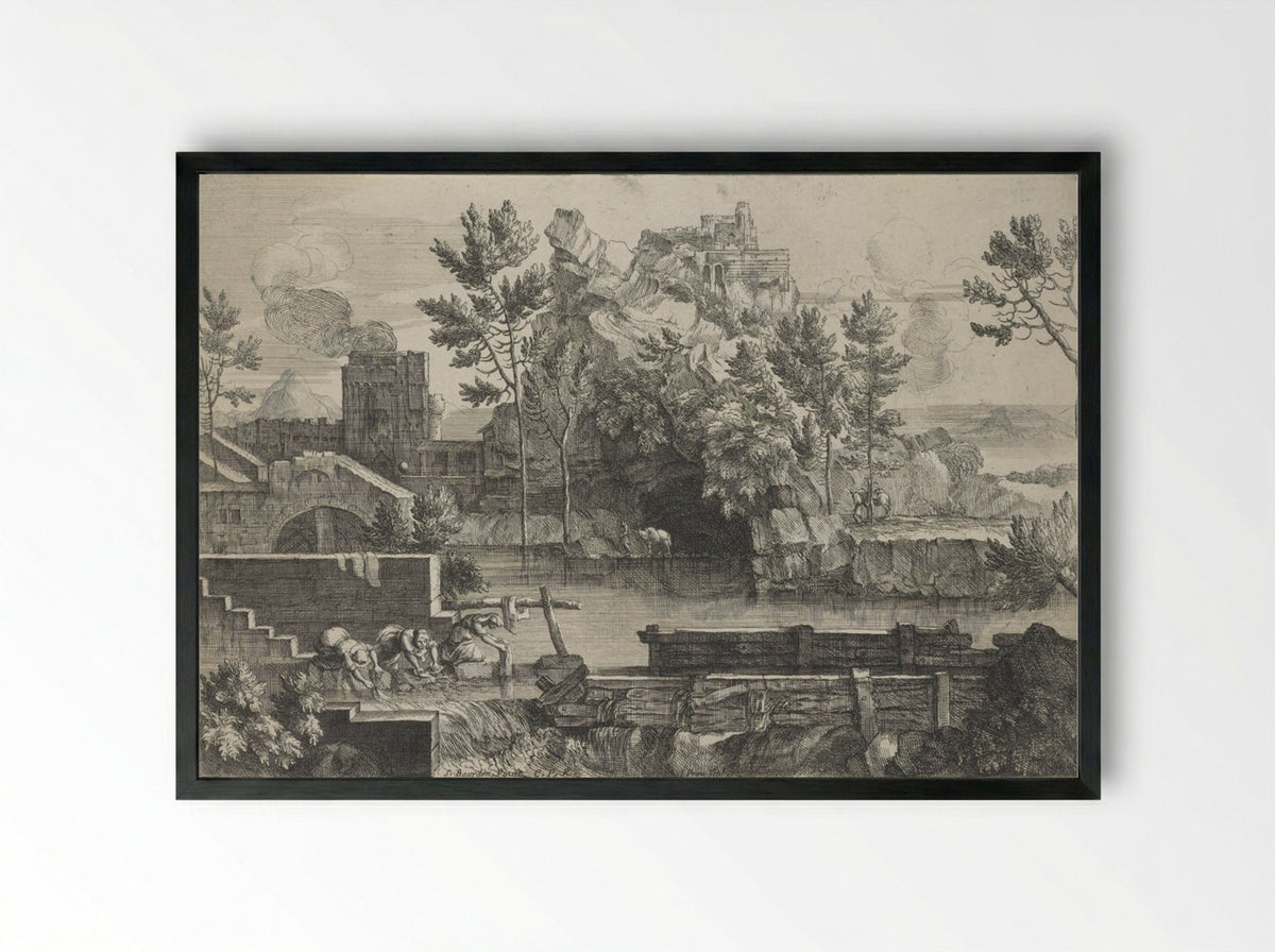 Rocky Landscape (with Women Washing Clothes) - Jacques Prou - Framed Print Black