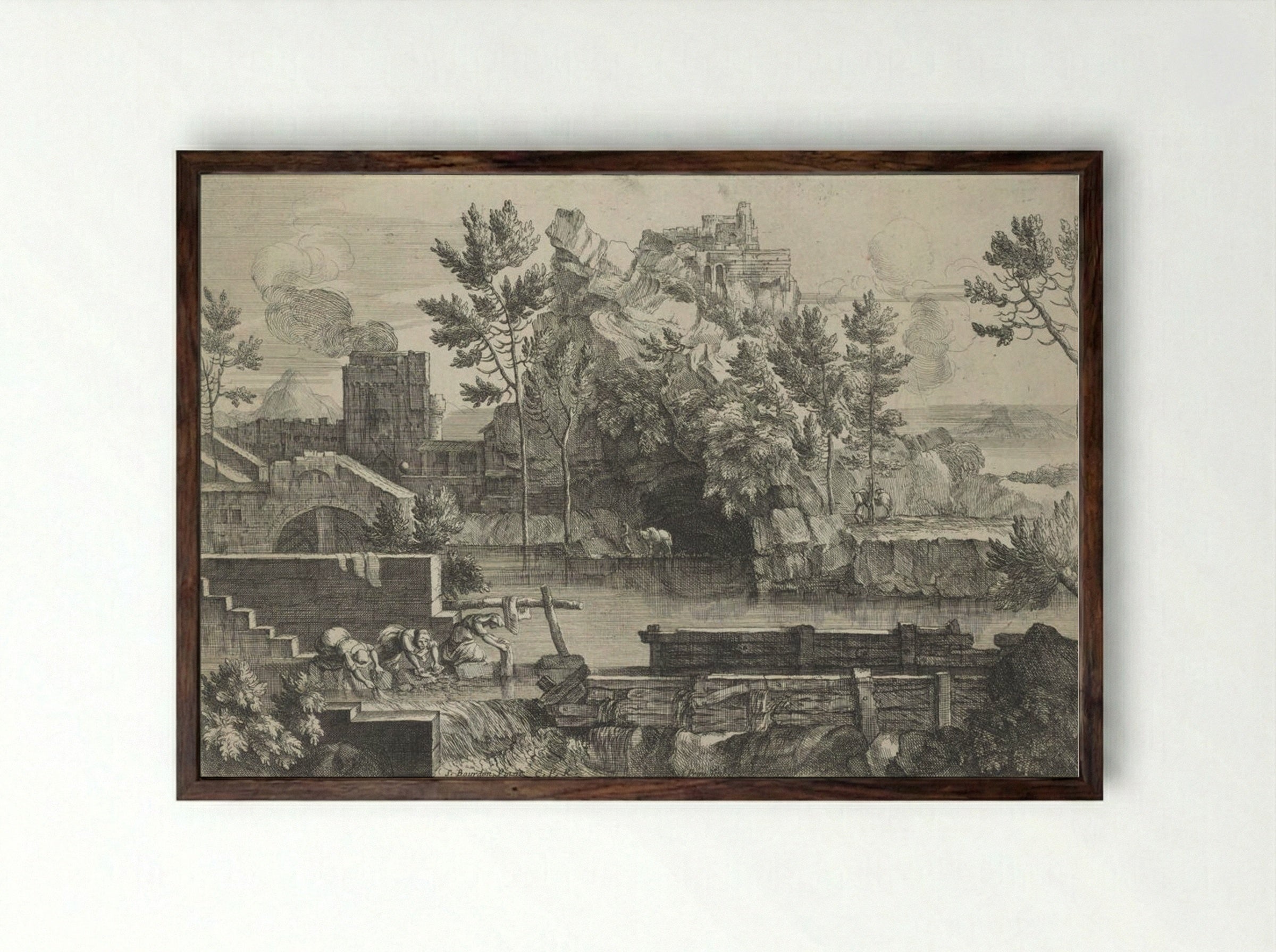 Rocky Landscape (with Women Washing Clothes) - Jacques Prou - Framed Print Dark Wood