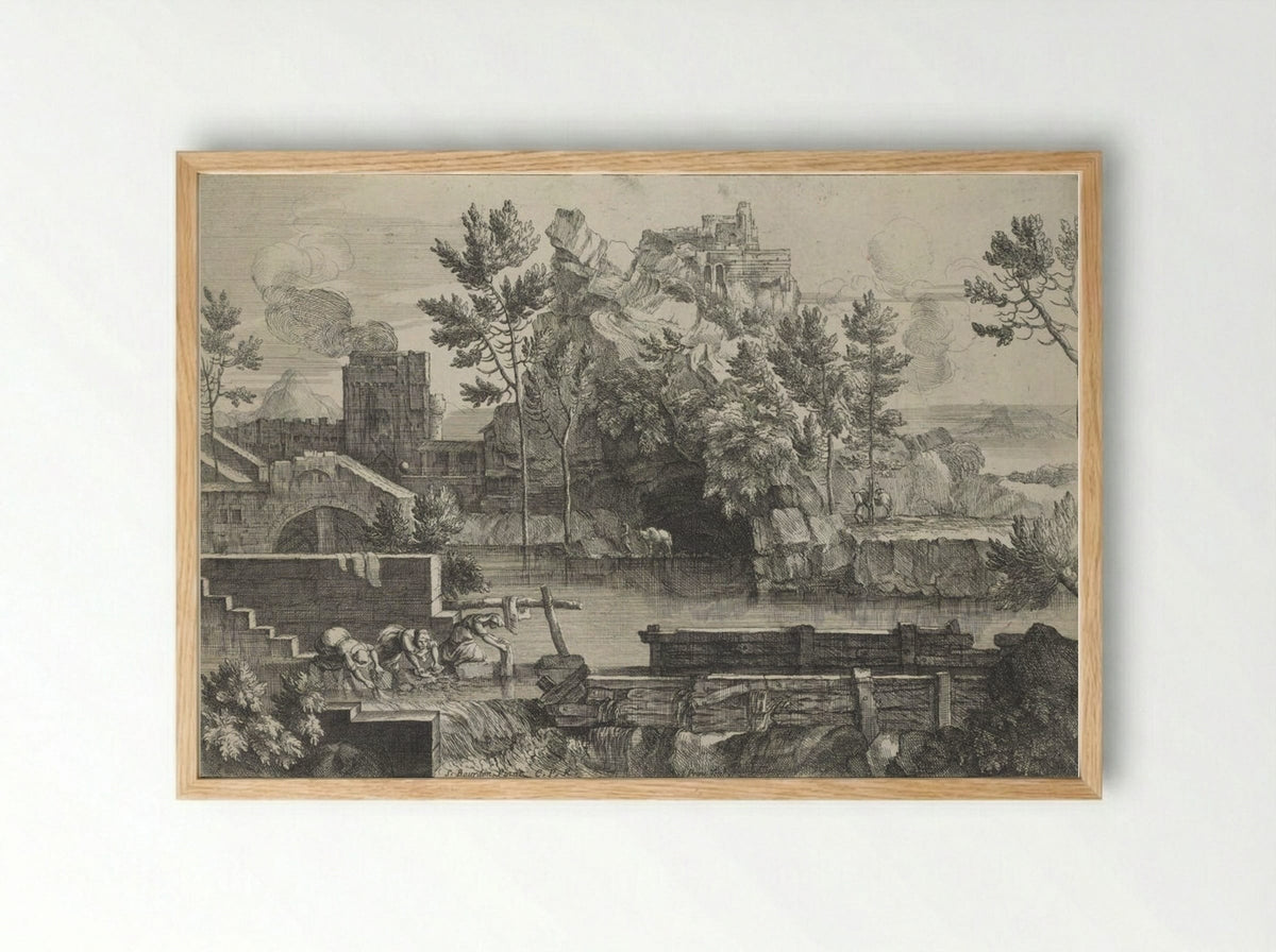 Rocky Landscape (with Women Washing Clothes) - Jacques Prou - Framed Print Wood