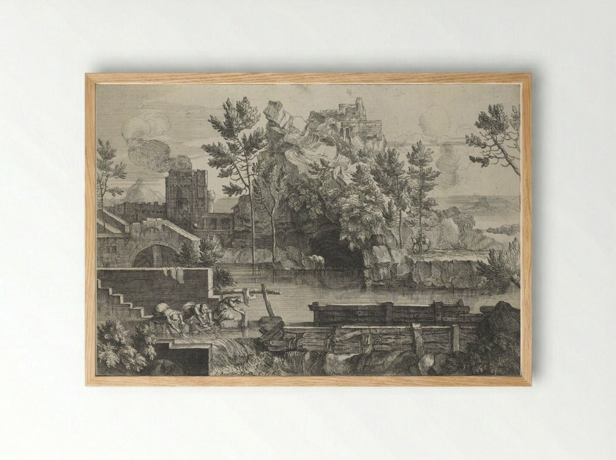 Rocky Landscape (with Women Washing Clothes) - Jacques Prou - Framed Print Wood