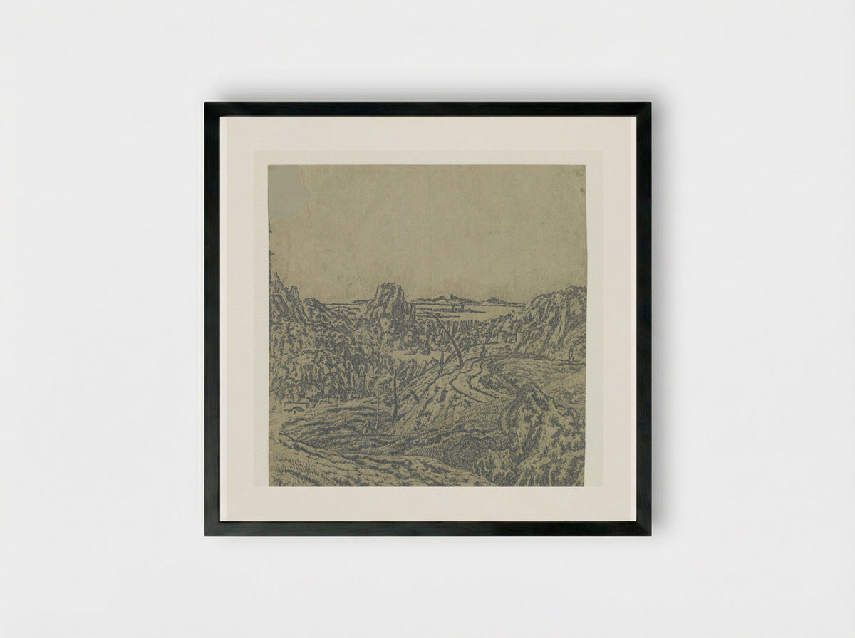 Rocky Landscape with a Chasm, Second Version - Hercules Segers - Framed Print Black