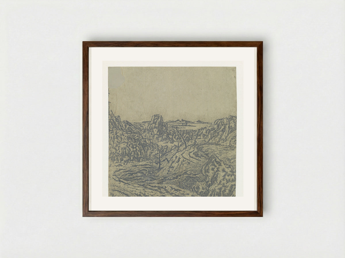Rocky Landscape with a Chasm, Second Version - Hercules Segers - Framed Print Dark Wood