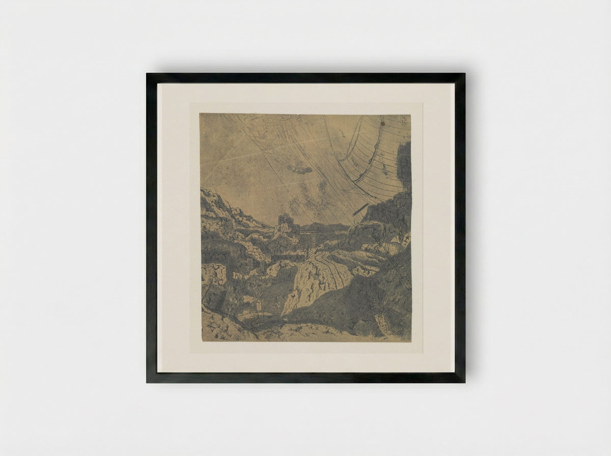 Rocky Landscape with a Gorge, First Version - Hercules Segers - Framed Print Black