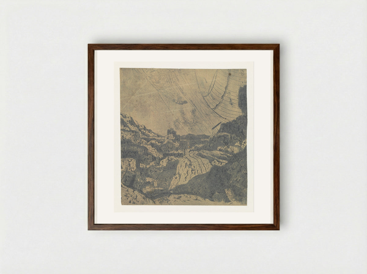 Rocky Landscape with a Gorge, First Version - Hercules Segers - Framed Print Dark Wood