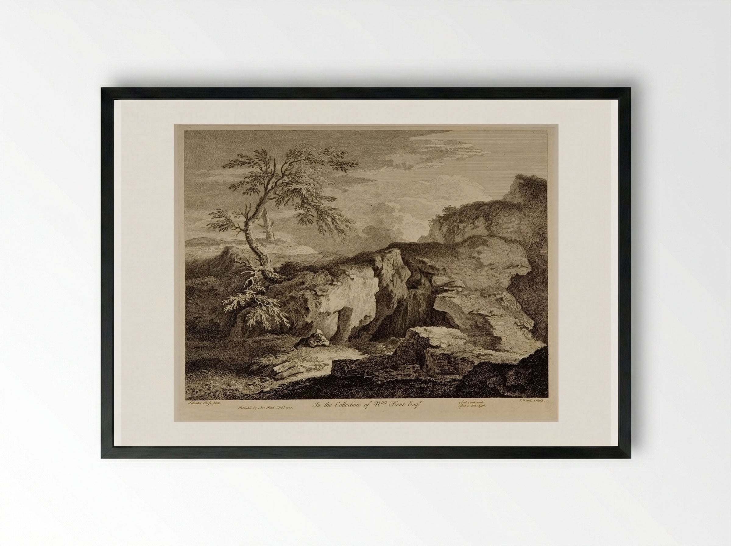 Rocky Landscape with a Hermit Reading - John Wood - Framed Print Black