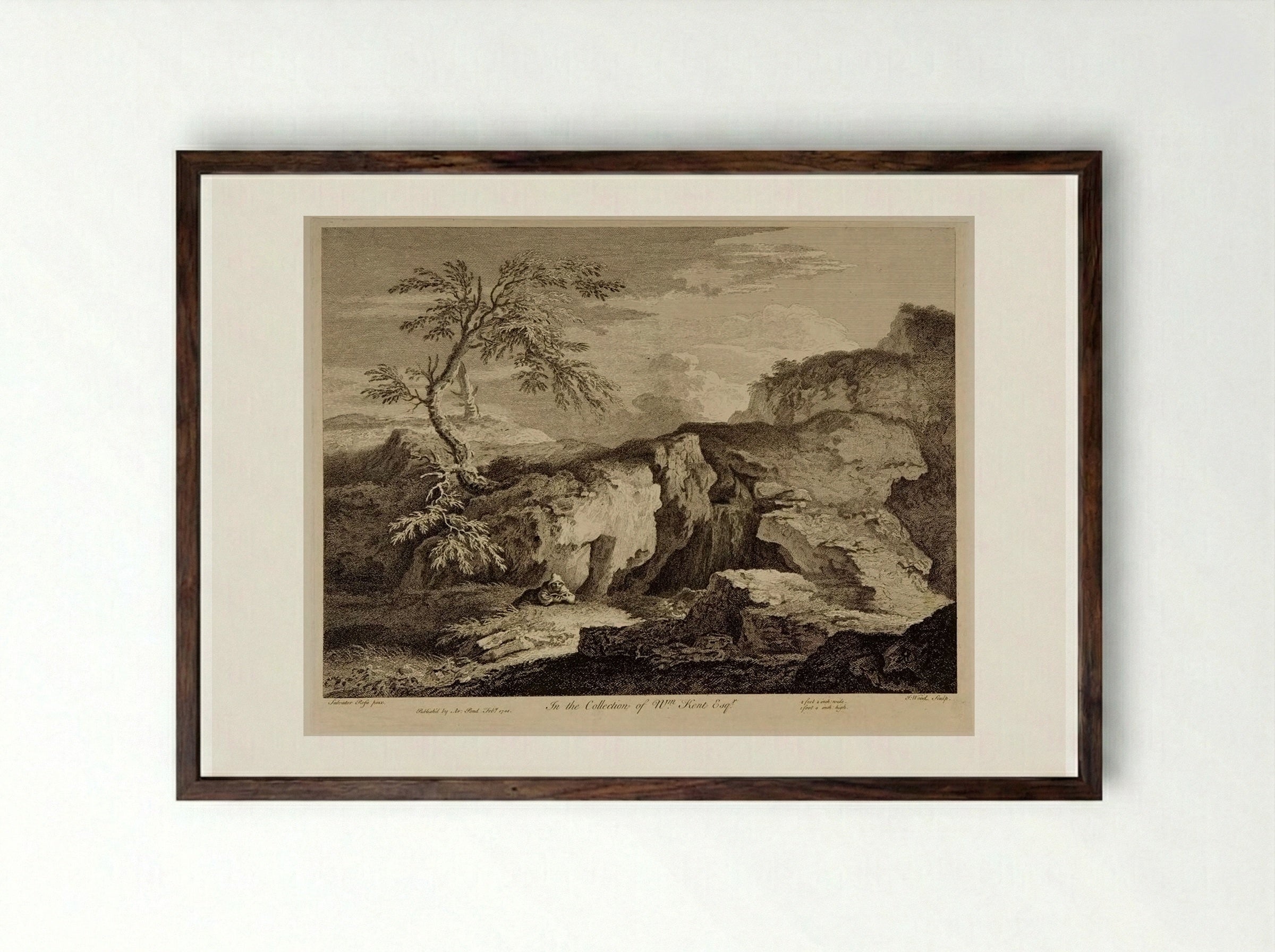 Rocky Landscape with a Hermit Reading - John Wood - Framed Print Dark Wood