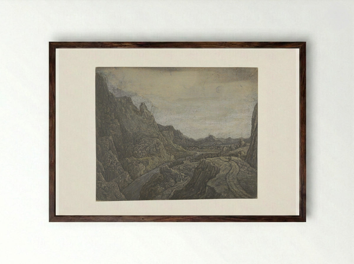 Rocky Landscape with a Road and a River - Hercules Segers - Framed Print Dark Wood