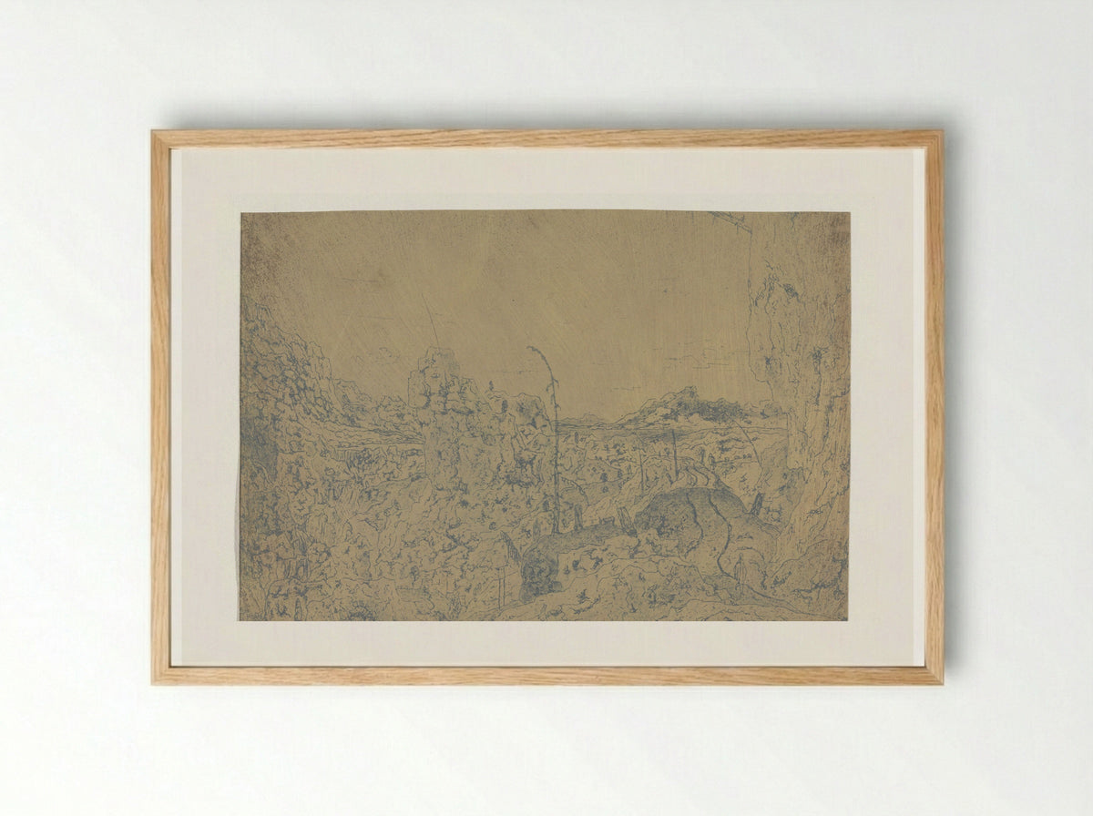 Rocky Landscape with a Wanderer, First Version - Hercules Segers - Framed Print Wood