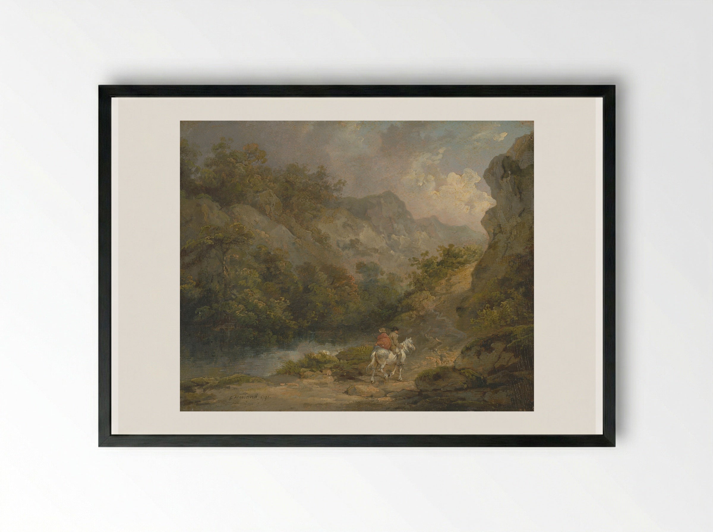 Rocky River Scene with Travellers - George Morland - Framed Print Black