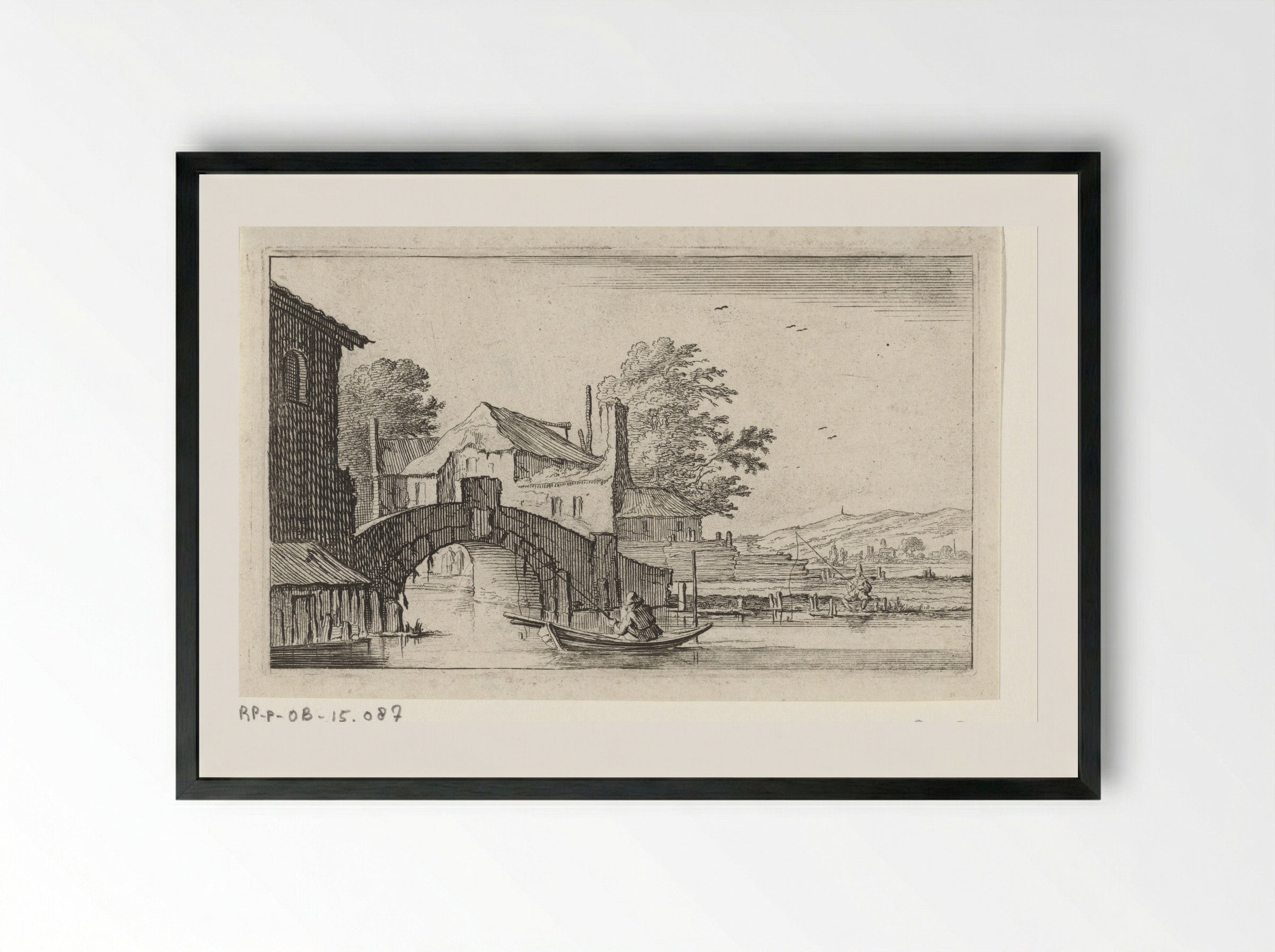 Roeiboot voor een stenen brug - Gillis van Scheyndel (I) - Framed Print Black