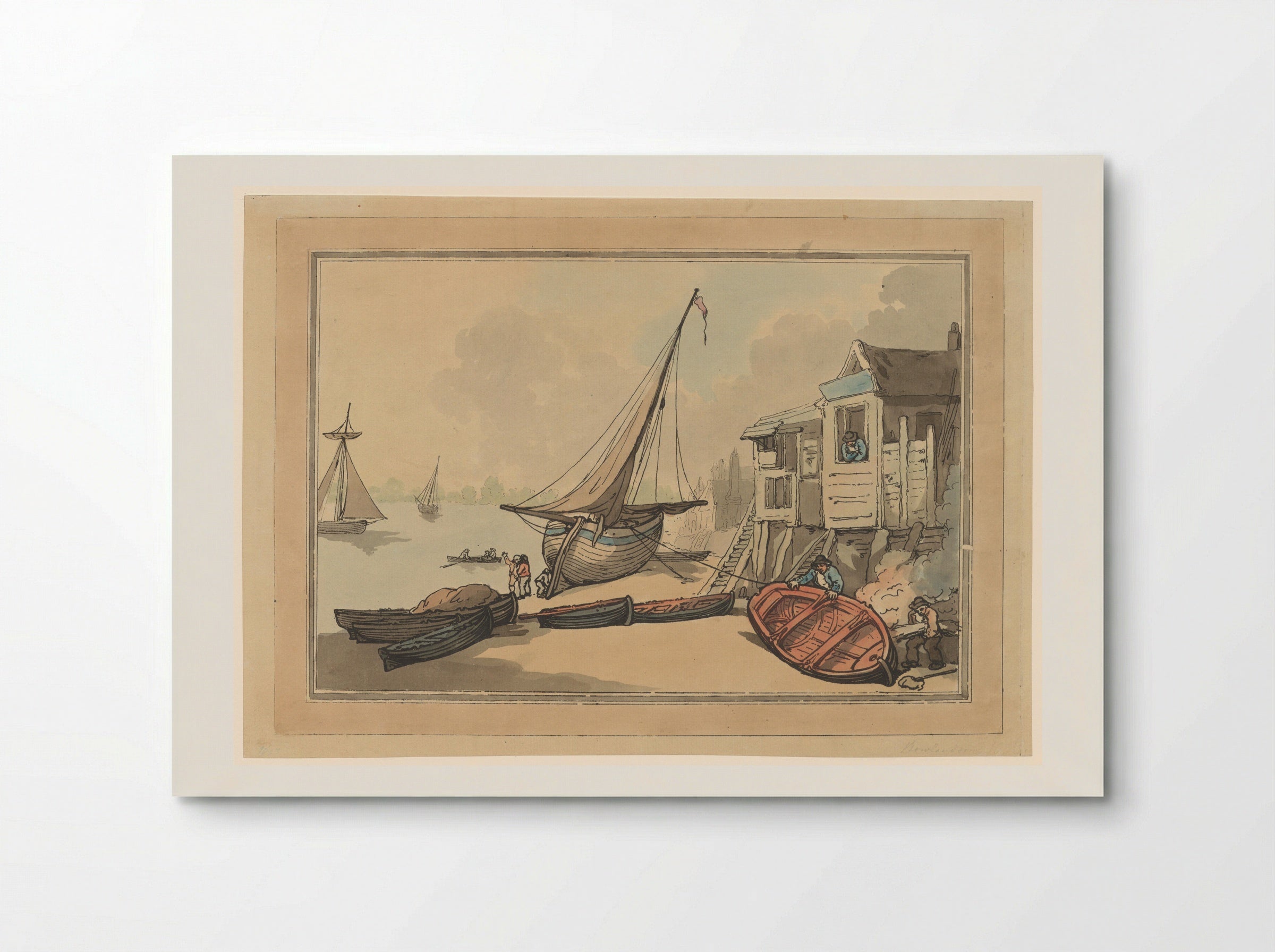 Roeiboten en een zeilschip op een oever - Thomas Rowlandson - Poster