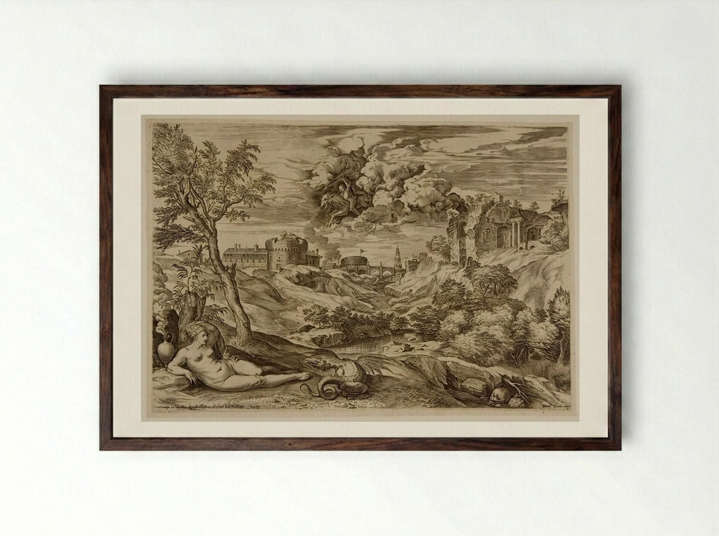 Rogero Liberating Angelica from the Dragon - Cornelis Cort - Framed Print Dark Wood