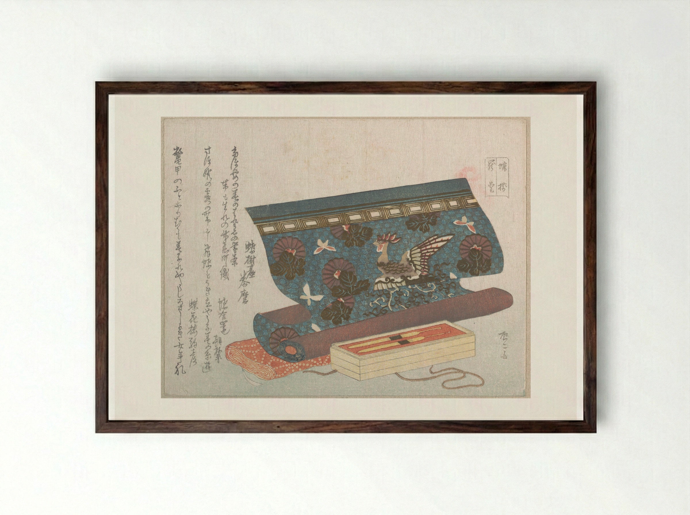 Roll of Cloth for an Obi and Tortoise-shell Hair Ornaments - Ryūryūkyo Shinsai - Framed Print Dark Wood