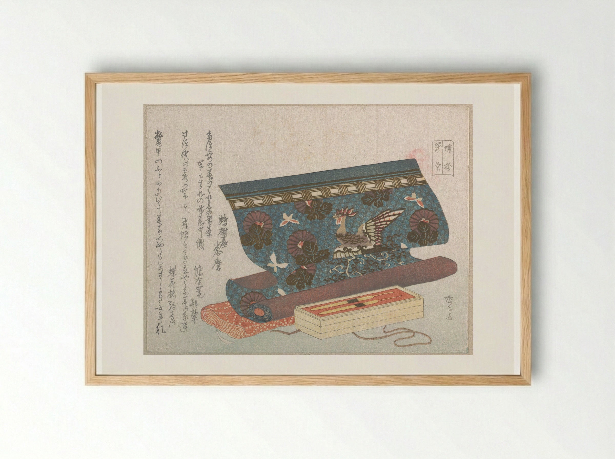 Roll of Cloth for an Obi and Tortoise-shell Hair Ornaments - Ryūryūkyo Shinsai - Framed Print Wood
