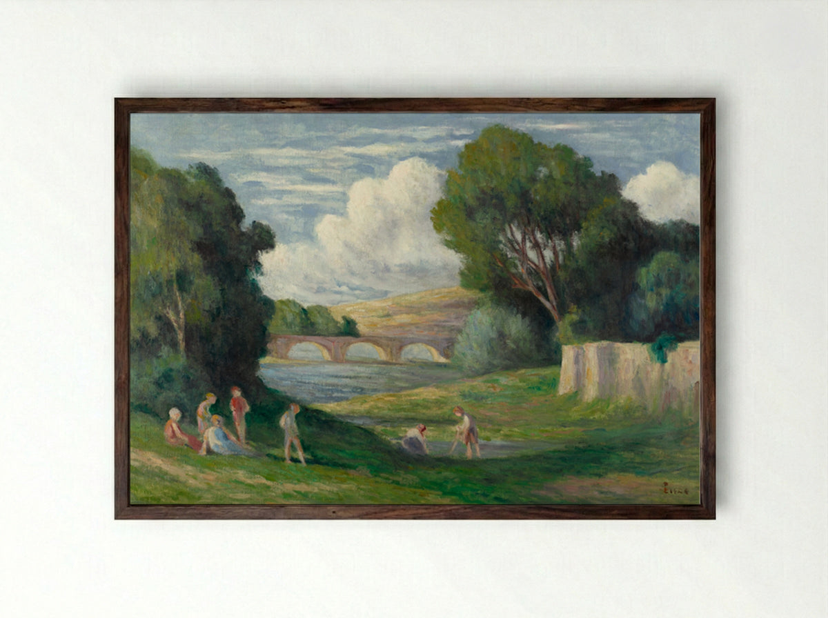 Rolleboise, Bathers Near The Arm Of The Seine - Maximilien Luce - Framed Print Dark Wood